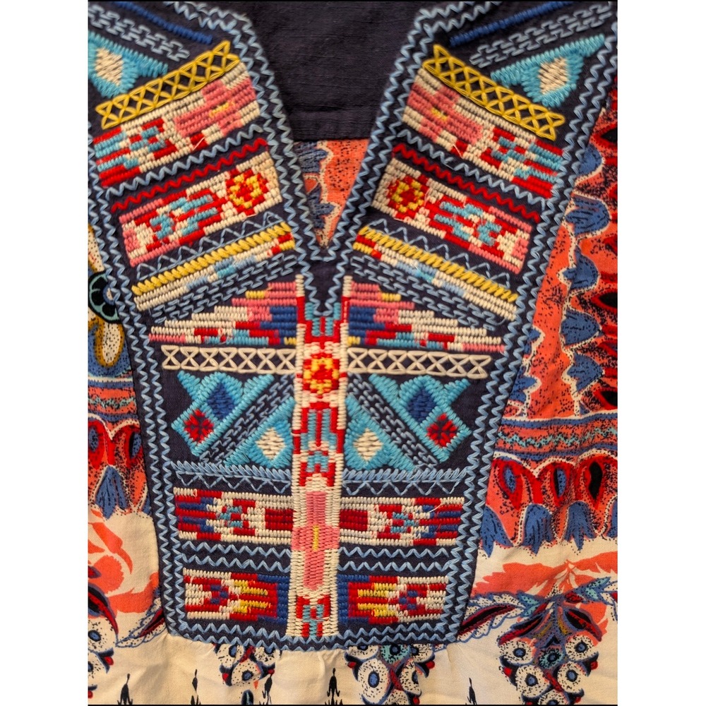 Caleasa Navy Blue Embroidered V-Neck Ikat Floral Boho Tunic Top Large - Picture 10 of 16